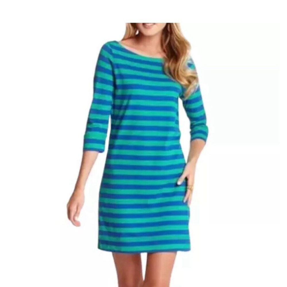 Lilly Pulitzer Cassie Shift Dress Size S Blue Green Stripe Boat Neck 3/4 Sleeve